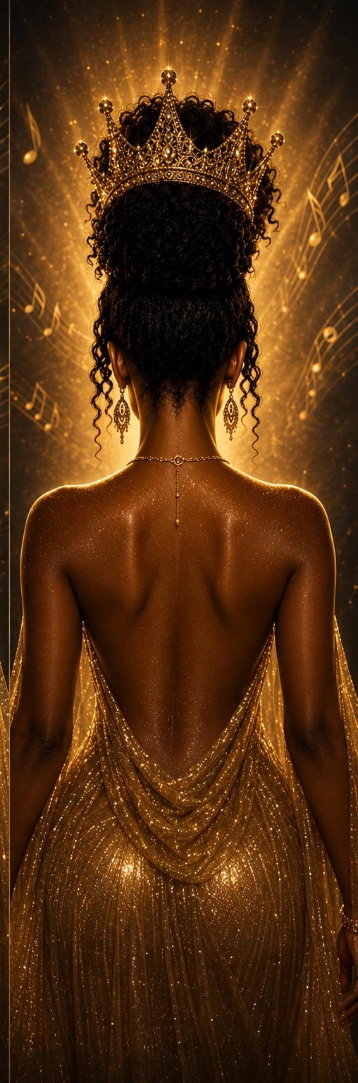 Zahyra seen from behind, crowned, her braided hair catching golden light.